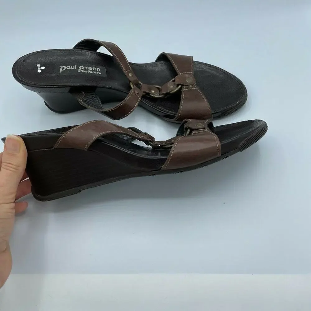 Paul Green Brown Open Toe Wedge Heel Leather 6.5 Y2K